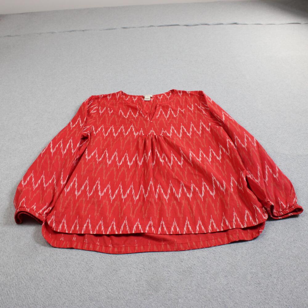 J Crew Shirt Women Large Red Ikat V Neck Long Sleeve Cotton Boho Casual Artsy